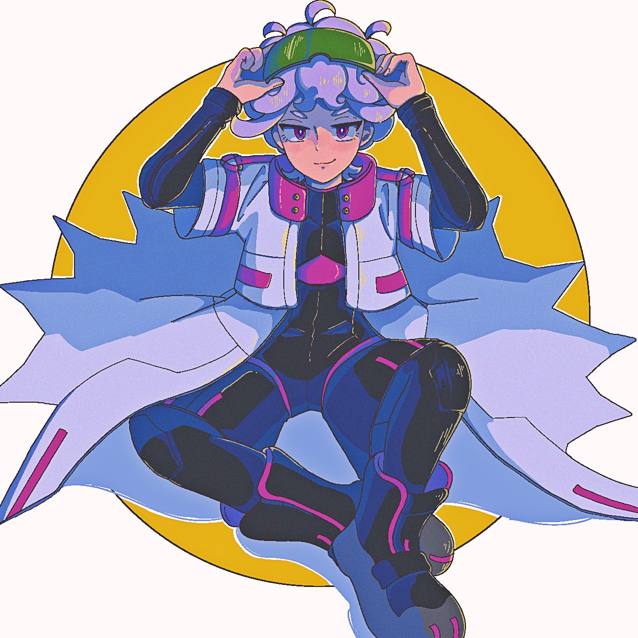 1boy, adjusting_eyewear, ahoge, bede_(pokemon), bede_(sygna_suit)_(pokemon), bodysuit, bodysuit_under_clothes, coat