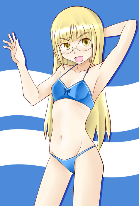 1girl, blonde_hair, glasses, long_hair, navel, open_mouth, perrine_h_clostermann, solo