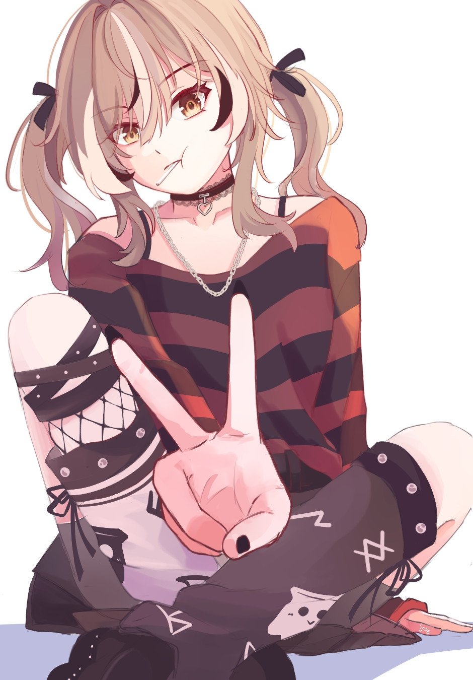 1girl, black_choker, black_leg_warmers, black_nails, black_ribbon, black_skirt, black_sweater, brown_eyes, brown_hair, candy, chain, chain_necklace, choker, emo_fashion, food, hair_ribbon, hand_on_floor, highres, hololive, hololive_english, iennie, jewelry, lace-trimmed_choker, lace_trim, leg_warmers, lollipop, lollipop_in_mouth, looking_at_viewer, multicolored_hair, nanashi_mumei, nanashi_mumei_(emo), necklace, pleated_skirt, red_sweater, ribbon, sitting, skirt, streaked_hair, sweater, twintails, two-tone_sweater, v, virtual_youtuber, white_leg_warmers