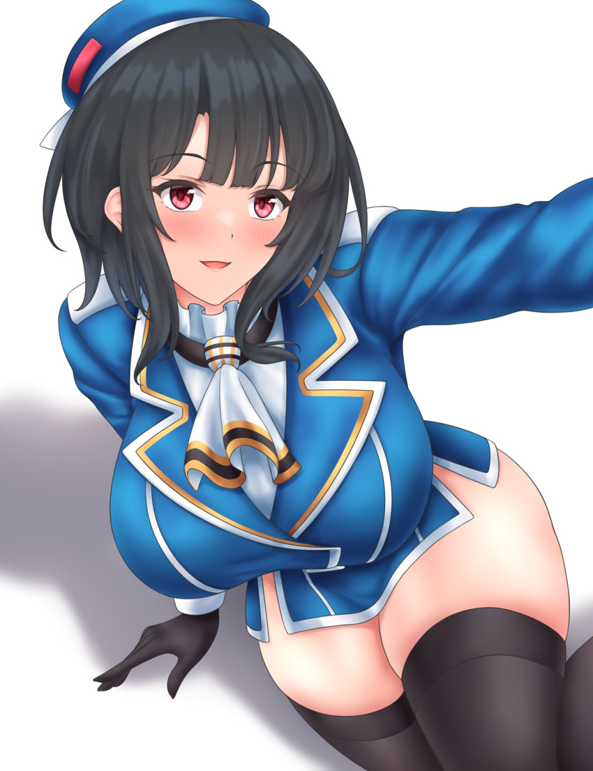 1girl, absurdres, ascot, beret, black_gloves, black_hair, black_thighhighs, blue_hat