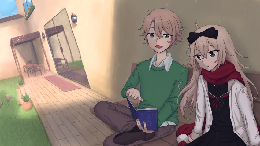 1boy, 1girl, black_bow, black_shirt, blonde_hair, blue_eyes, book, bow, collared_shirt, grass, house, lacie_(paper_lily), long_hair, long_sleeves, outside, paper_lily, reading, red_scarf, scarf, shade, short_hair, sitting_on_bench, white_coat, white_undershirt, wooden_floor, wooden_table