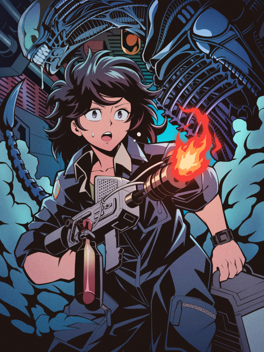 1girl, alien, alien_(1979), alien_(series), blue_jacket, blue_pants, brown_hair, ellen_ripley