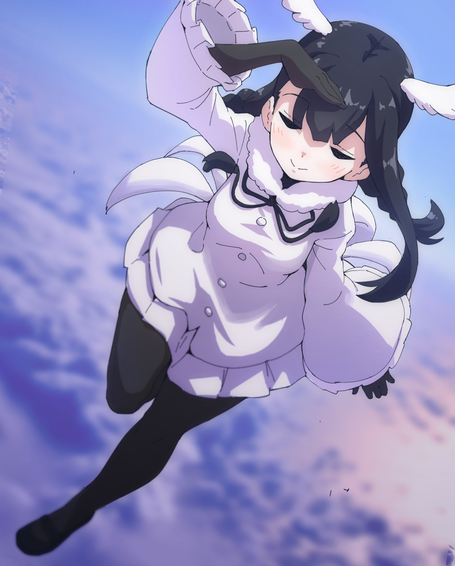 1girl, above_clouds, bird_girl, bird_tail, bird_wings, black-headed_ibis_(kemono_friends), black_bow, black_bowtie