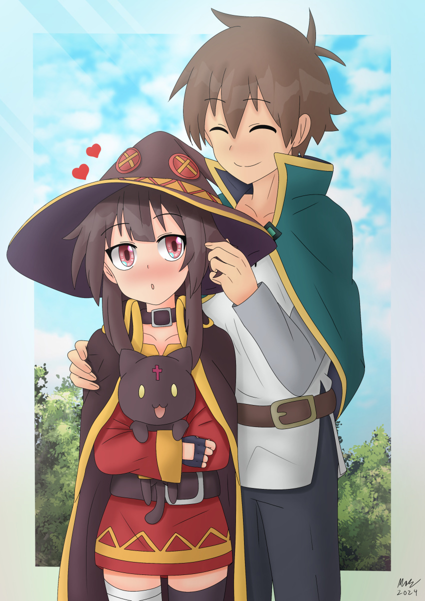 1boy, 1girl, absurdres, bandaged_leg, bandages, belt, belt_buckle, black_gloves, blush, brown_belt, brown_hair, brown_hat, buckle, cape, chomusuke, closed_eyes, dress, fingerless_gloves, gloves, green_cape, hat, height_difference, highres, kaschmatz, kono_subarashii_sekai_ni_shukufuku_wo!, large_hat, megumin, open_mouth, outdoors, red_dress, red_eyes, satou_kazuma, shirt, short_hair_with_long_locks, single_thighhigh, smile, thigh-highs, white_shirt, witch_hat