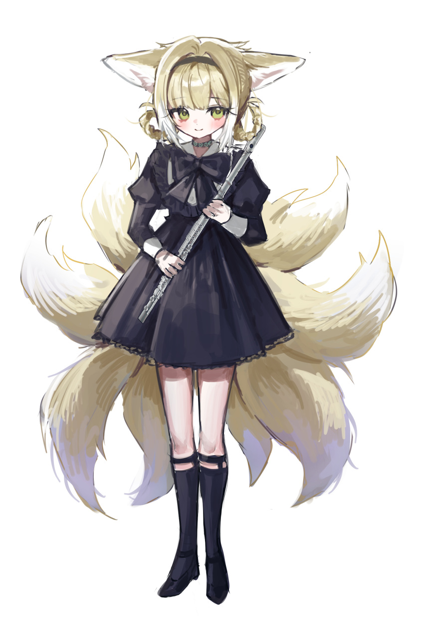 1girl, alternate_costume, animal_ears, arknights, black_boots, black_dress, blonde_hair, boots