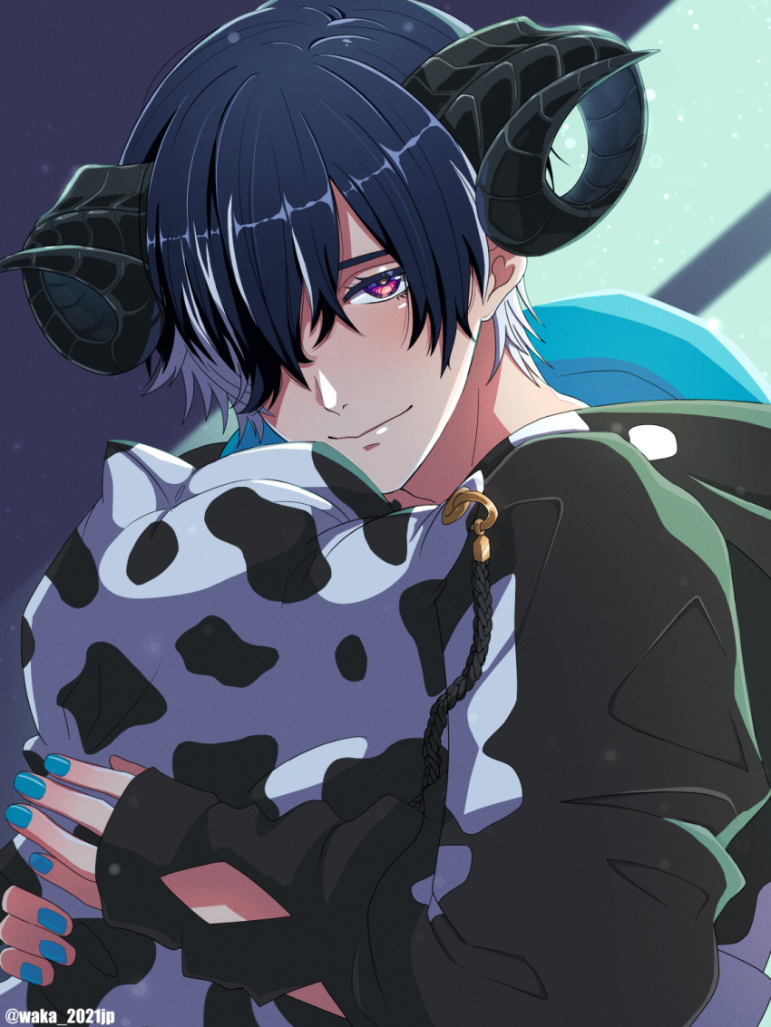 1boy, belphegor_(obey_me!), black_shirt, blue_background, blue_hair, blush, curled_horns, demon