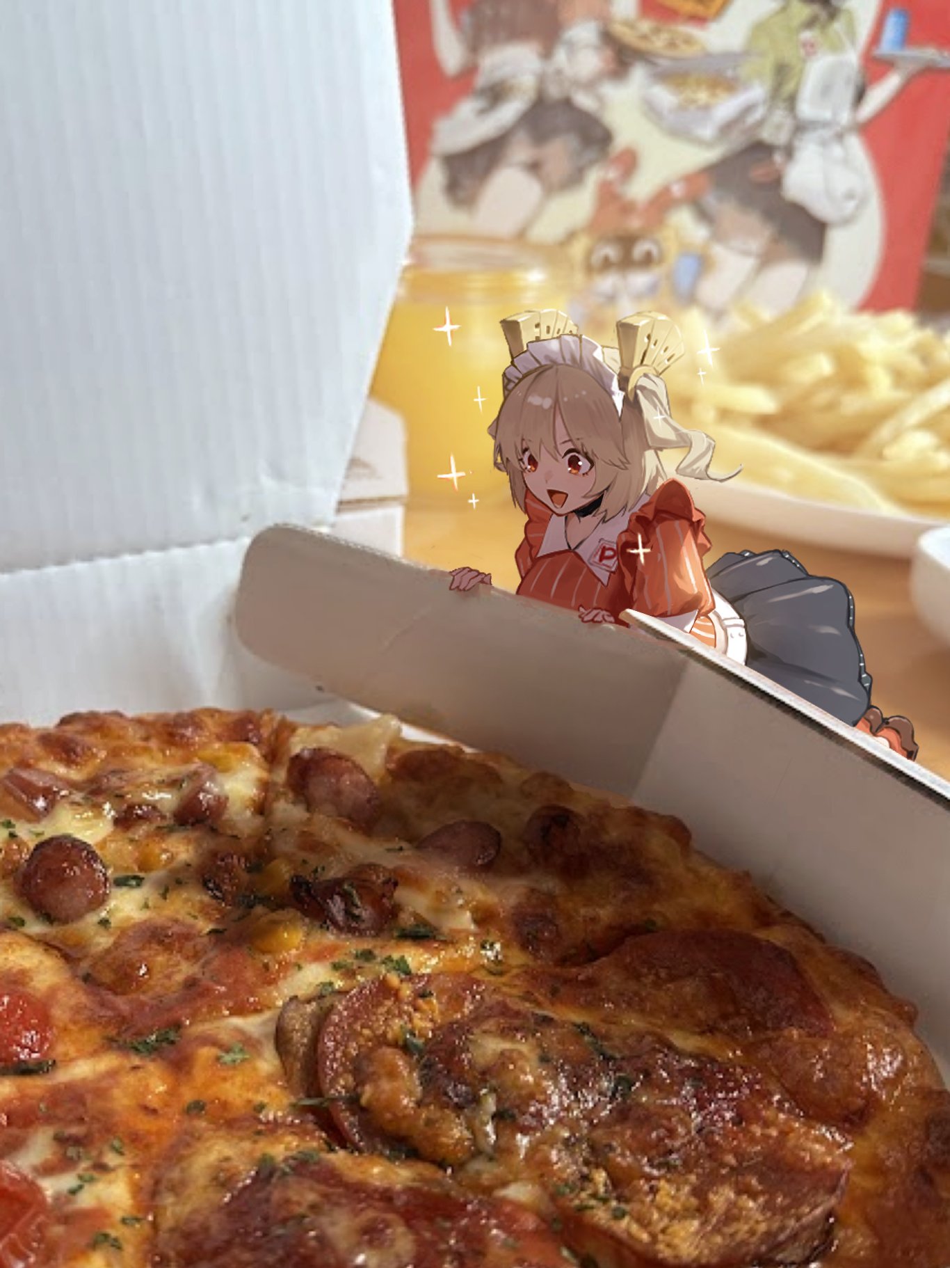 1girl, :d, blonde_hair, burnice_white, burnice_white_(operation_yum_2025), commentary, food, french_fries
