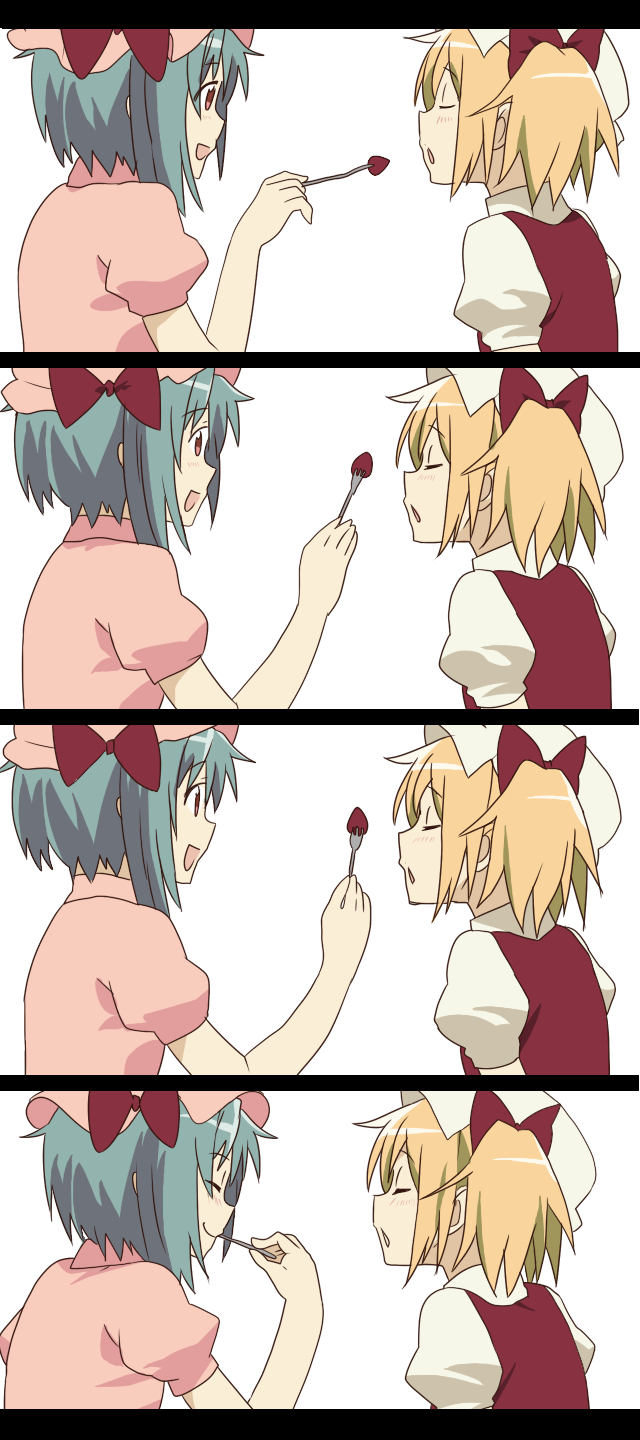 bad_id, blonde_hair, blue_hair, feeding, flandre_scarlet, food, fruit, hat