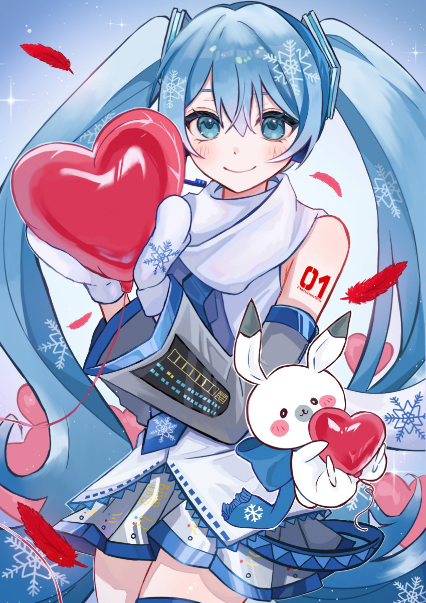 1girl, arm_tattoo, balloon, bare_shoulders, blue_eyes, blue_hair, blue_necktie, blue_scarf