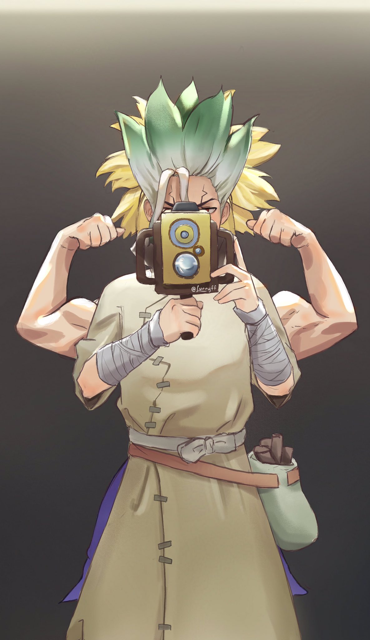 1boy, 1girl, artist_name, bandaged_arm, bandages, blonde_hair, camera, dr._stone
