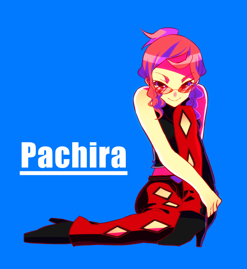 1girl, a_(moe2kyun), black_shoes, blue_background, character_name, full_body, high_heels, highres