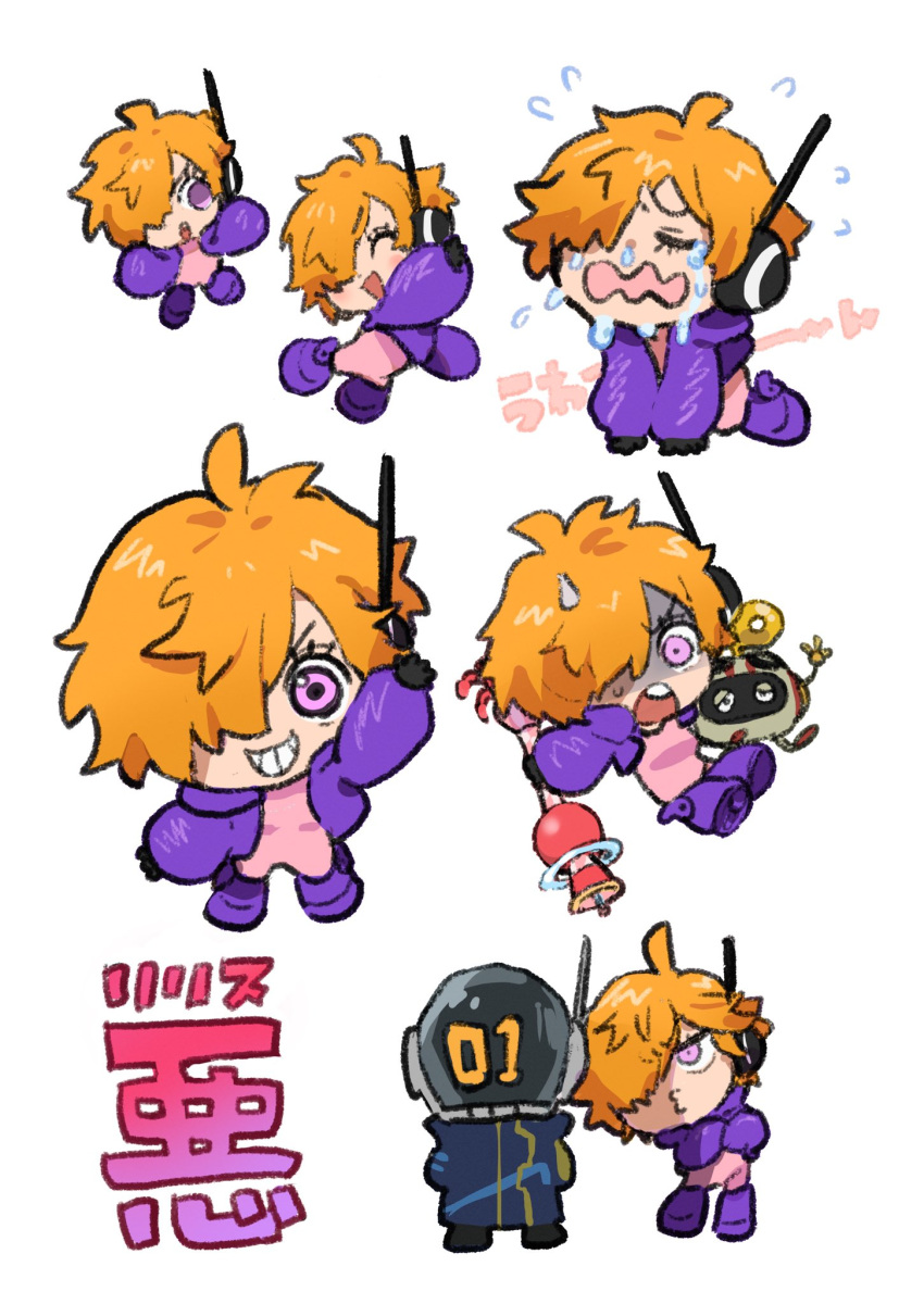 af60489, ahoge, blush, bodysuit, chibi, crying, evil_smile, fluffy_hair, hair_over_one_eye, highres, jacket, one_piece, orange_hair, pink_eyes, purple_jacket, pursed_lips, radio_antenna, robot, smile, vegapunk_edison, vegapunk_lilith, vegapunk_shaka, waving