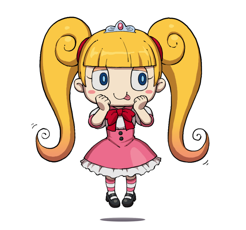 1girl, blonde_hair, blue_eyes, blush_stickers, dress, floating, full_body, highres, long_hair, looking_to_the_side, muchaburikko, official_art, pink_dress, pink_thighhighs, simple_background, solo, striped_clothes, striped_thighhighs, thigh-highs, tiara, tongue, tongue_out, transparent_background, twintails, two-tone_thighhighs, white_thighhighs, youkai_(youkai_watch), youkai_watch, youkai_watch_3