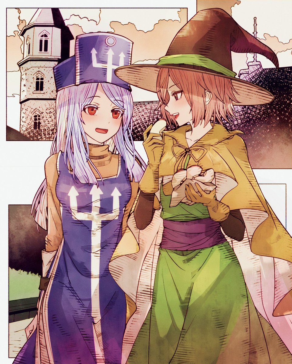 2girls, blue_hair, blue_tabard, bodysuit, breasts, brown_bodysuit, brown_eyes, brown_hair