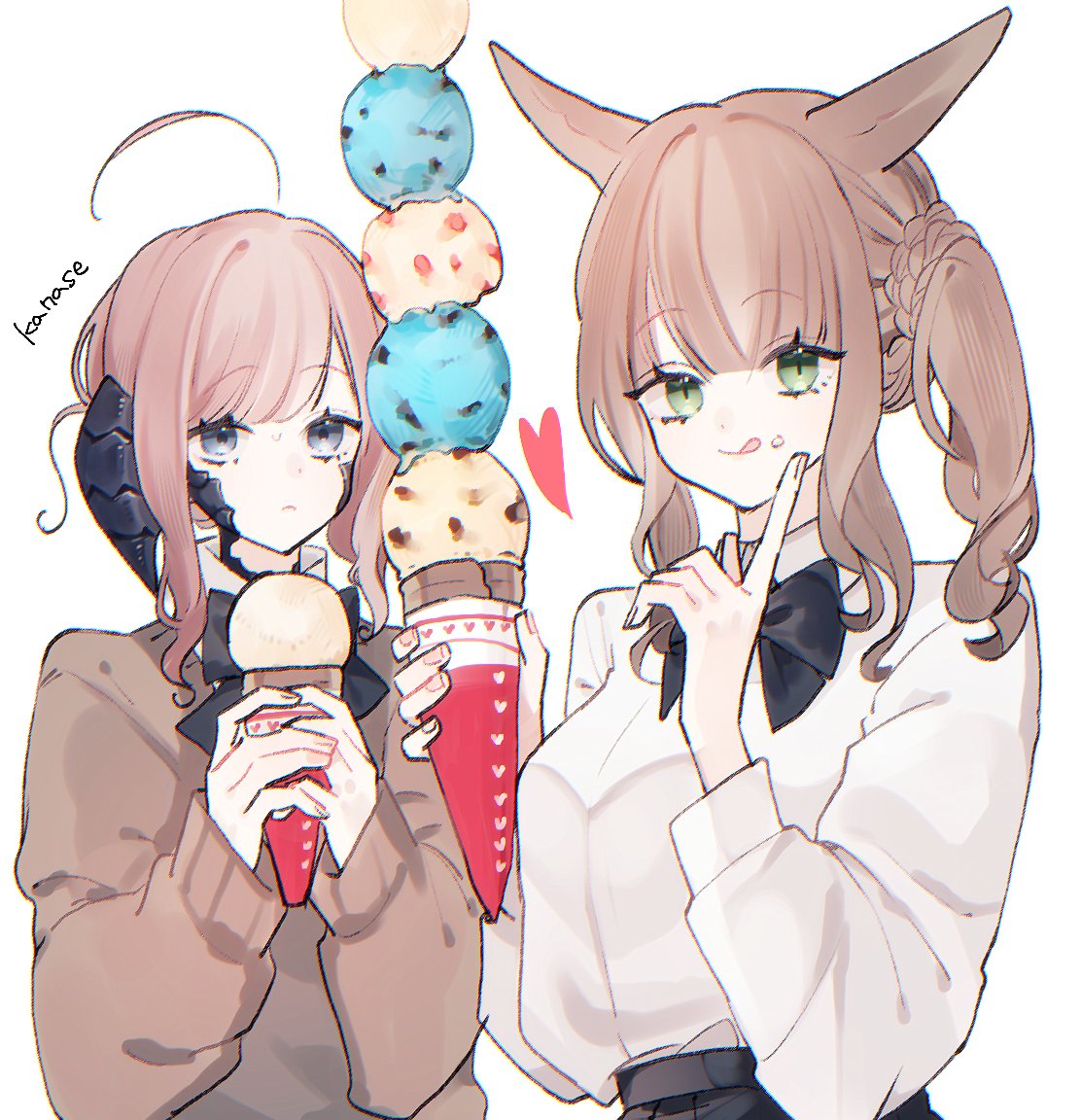 2girls, :q, ahoge, animal_ears, artist_name, au_ra, blue_eyes, bow