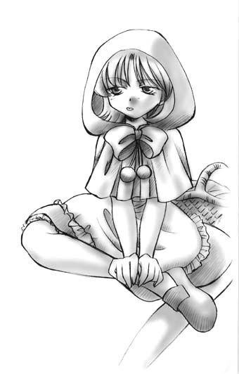 1girl, b.b._hood, bad_id, basket, bow, bowtie, closed_mouth, commentary_request, darkstalkers, dress, foot_out_of_frame, greyscale, hood, hood_up, lea_sakura, looking_afar, monochrome, shoes, simple_background, sitting, solo, tongue, tongue_out