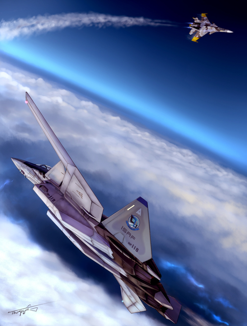 2boys, above_clouds, ace_combat, ace_combat_04, aerial_battle, afterburner, aircraft, airplane