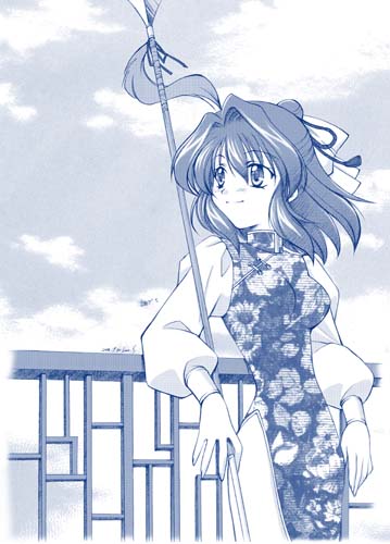 1girl, bad_id, blush, breasts, china_dress, chinese_clothes, closed_mouth, clouds