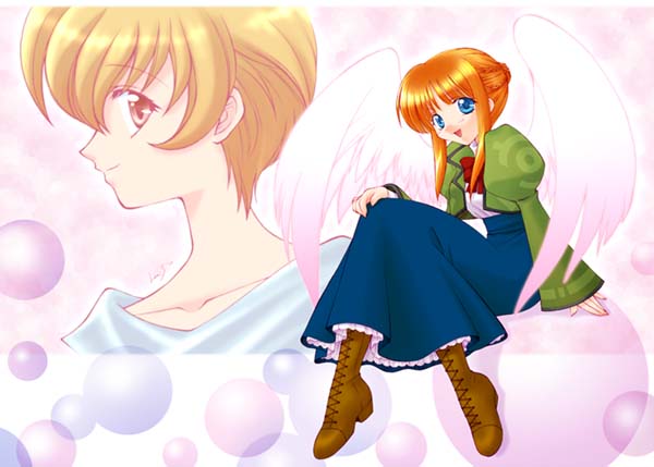 1girl, bad_id, blue_eyes, blue_skirt, blush, boots, bow, bowtie