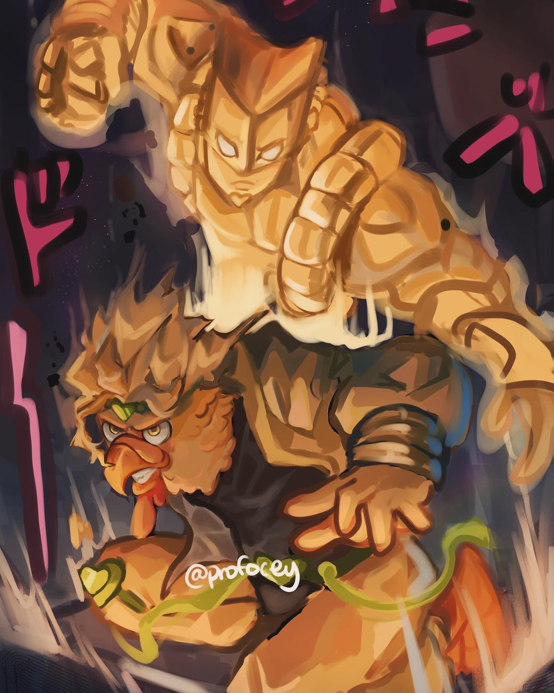 1boy, beak, bird, black_shirt, blonde_hair, chicken_boy, cosplay, dio_brando