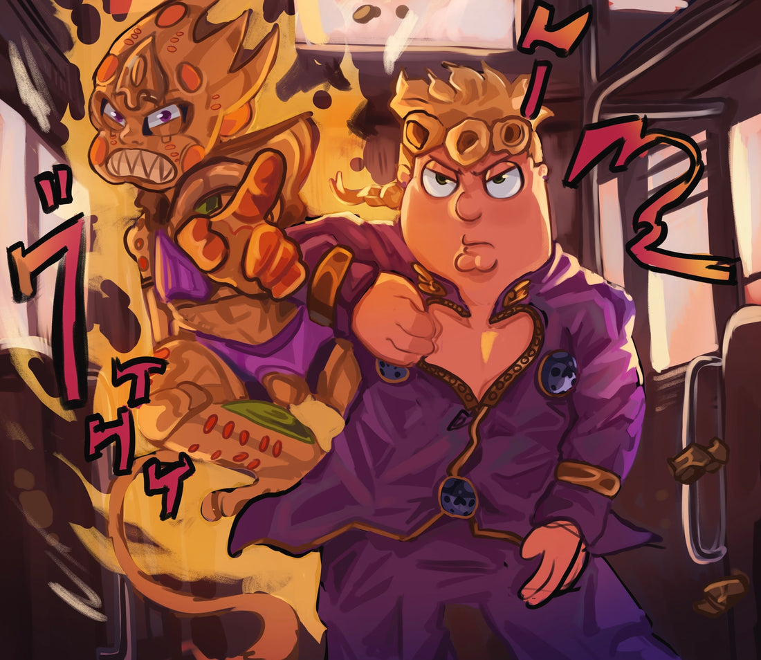 blonde_hair, chris_griffin, cleft_chin, closed_mouth, cosplay, evil_monkey_(family_guy), family_guy, giorno_giovanna, giorno_giovanna's_pose_(jojo), giorno_giovanna_(cosplay), gold_experience, gold_experience_requiem, gold_experience_requiem_(cosplay), hair_rings, jacket, jojo_no_kimyou_na_bouken, jojo_pose, pants, pointing, pointing_at_viewer, profocey, purple_jacket, purple_pants, sharp_teeth, teeth, train_interior, vento_aureo