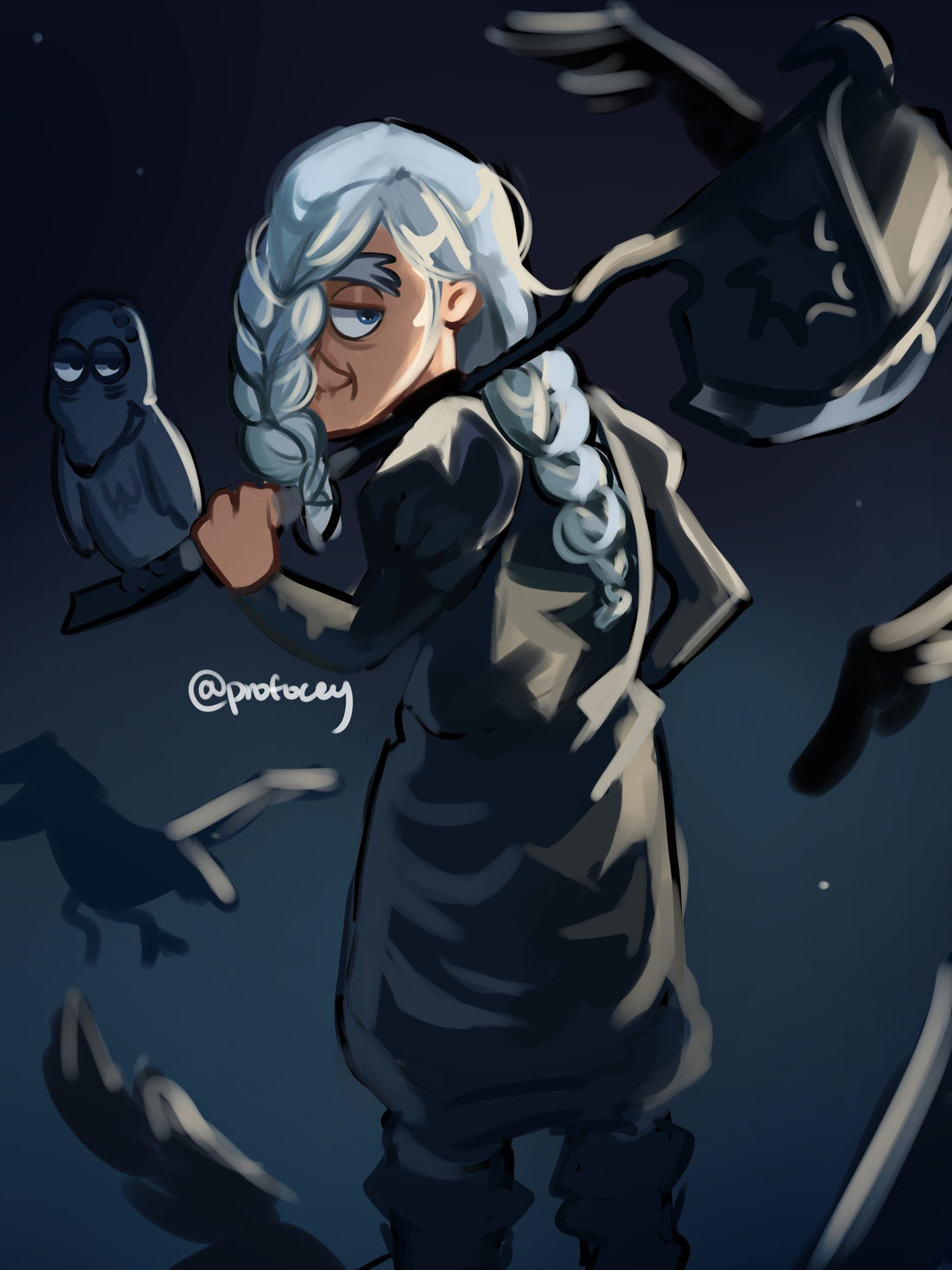 axe, bird, black_dress, braid, braided_bangs, braided_ponytail, cosplay, crossdressing, crow, dress, family_guy, grey_hair, hair_over_face, hair_over_one_eye, highres, holding, holding_axe, john_herbert_(family_guy), jujutsu_kaisen, long_hair, male_focus, mei_mei_(jujutsu_kaisen), mei_mei_(jujutsu_kaisen)_(cosplay), old, old_man, profocey, solo