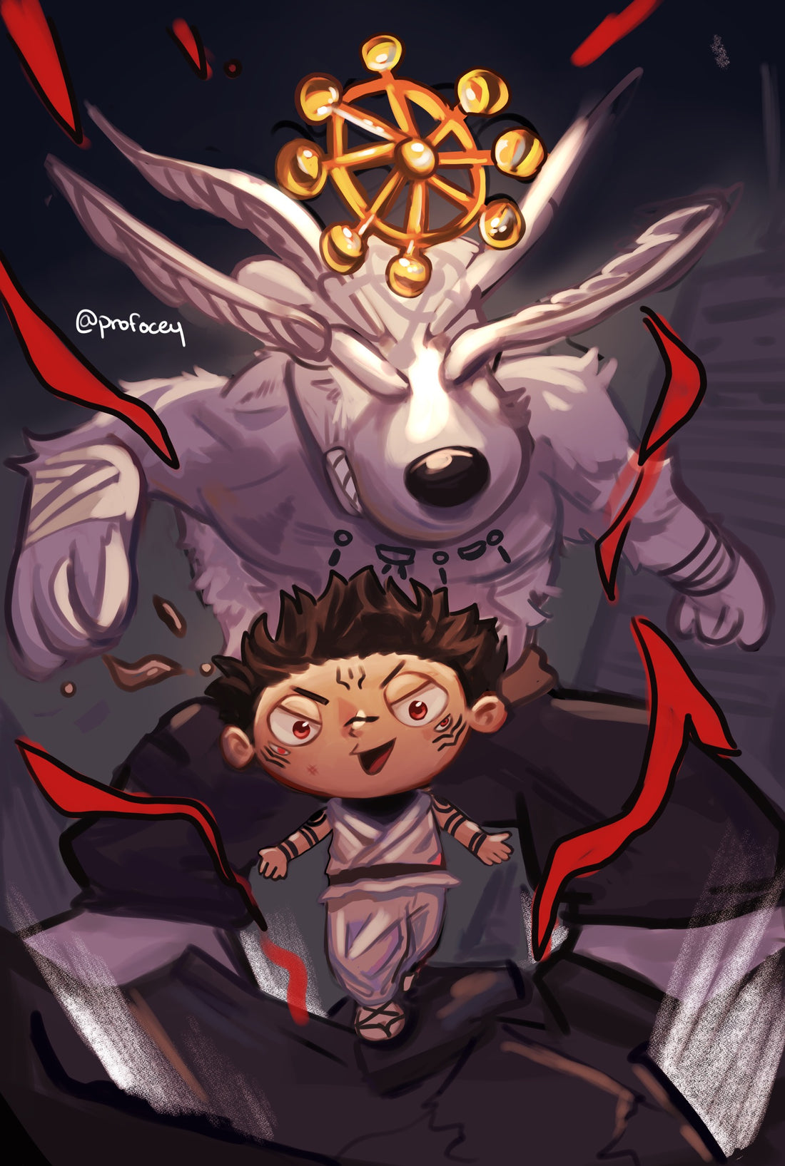 artist_name, black_hair, brian_griffin, cosplay, extra_eyes, facial_mark, family_guy, four_eyes, highres, jujutsu_kaisen, mahoraga_(jujutsu_kaisen), mahoraga_(jujutsu_kaisen)_(cosplay), male_focus, open_mouth, profocey, red_eyes, ryoumen_sukuna_(jujutsu_kaisen), ryoumen_sukuna_(jujutsu_kaisen)_(cosplay), short_hair, shoulder_tattoo, spiky_hair, stewie_griffin, tattoo