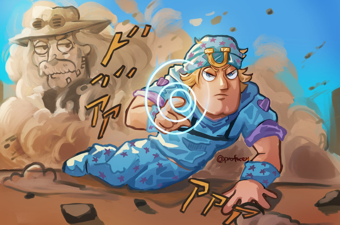 1boy, artist_name, beanie, blonde_hair, blue_eyes, blue_hat, blue_pants, blue_shirt, blue_sky, cosplay, day, dust, gyro_zeppeli, gyro_zeppeli_(cosplay), hat, horseshoe_hat_ornament, joe_swanson, johnny_joestar, johnny_joestar_(cosplay), jojo_no_kimyou_na_bouken, looking_at_viewer, male_focus, pants, profocey, shirt, sky, star_(symbol), star_print, steel_ball_run, wild_west_(family_guy), wristband