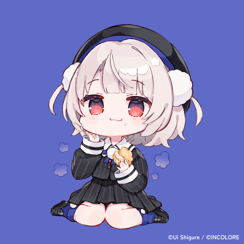 1girl, :t, beret, black_hat, black_shirt, black_shoes, black_skirt, blue_background