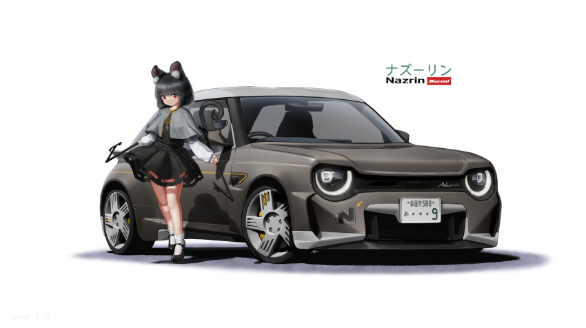 1girl, absurdres, animal_ears, basket, black_dress, black_shoes, capelet, car