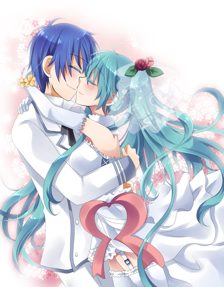 1girl, aqua_hair, blue_hair, couple, dress, elbow_gloves, flower, gloves, hair_flower, hair_ornament, hatsune_miku, kaito, kokonogi_kisara, long_hair, smile, twintails, very_long_hair, vocaloid, wedding_dress