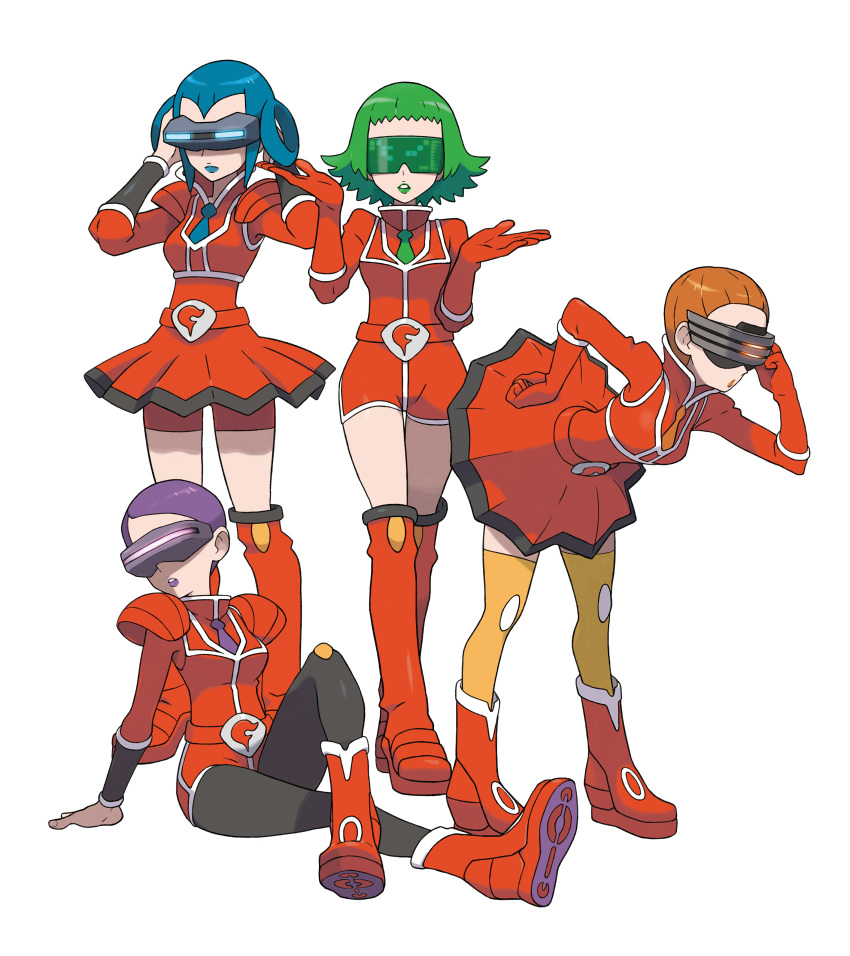 4girls, absurdres, aliana_(pokemon), arm_support, armor, belt, belt_buckle, bent_over, bike_shorts, black_pantyhose, blue_hair, blue_lips, boots, brown_hair, brown_lips, bryony_(pokemon), buckle, celosia_(pokemon), crossed_legs, dress, flipped_hair, gloves, glowing, green_hair, green_lips, hair_rings, hand_on_own_hip, head-mounted_display, highres, knee_boots, leotard, lipstick, long_sleeves, looking_afar, looking_at_viewer, mable_(pokemon), makeup, multiple_girls, necktie, official_art, oomura_yuusuke, pantyhose, parted_lips, pauldrons, platform_boots, pleated_dress, pokemon, pokemon_xy, purple_hair, purple_lips, red_gloves, red_leotard, red_thighhighs, short_dress, short_hair, shorts, shorts_under_skirt, shoulder_armor, simple_background, sitting, standing, team_flare, team_flare_uniform, thigh-highs, thigh_boots, thigh_gap, third-party_source, vambraces, white_background, yellow_thighhighs, zettai_ryouiki