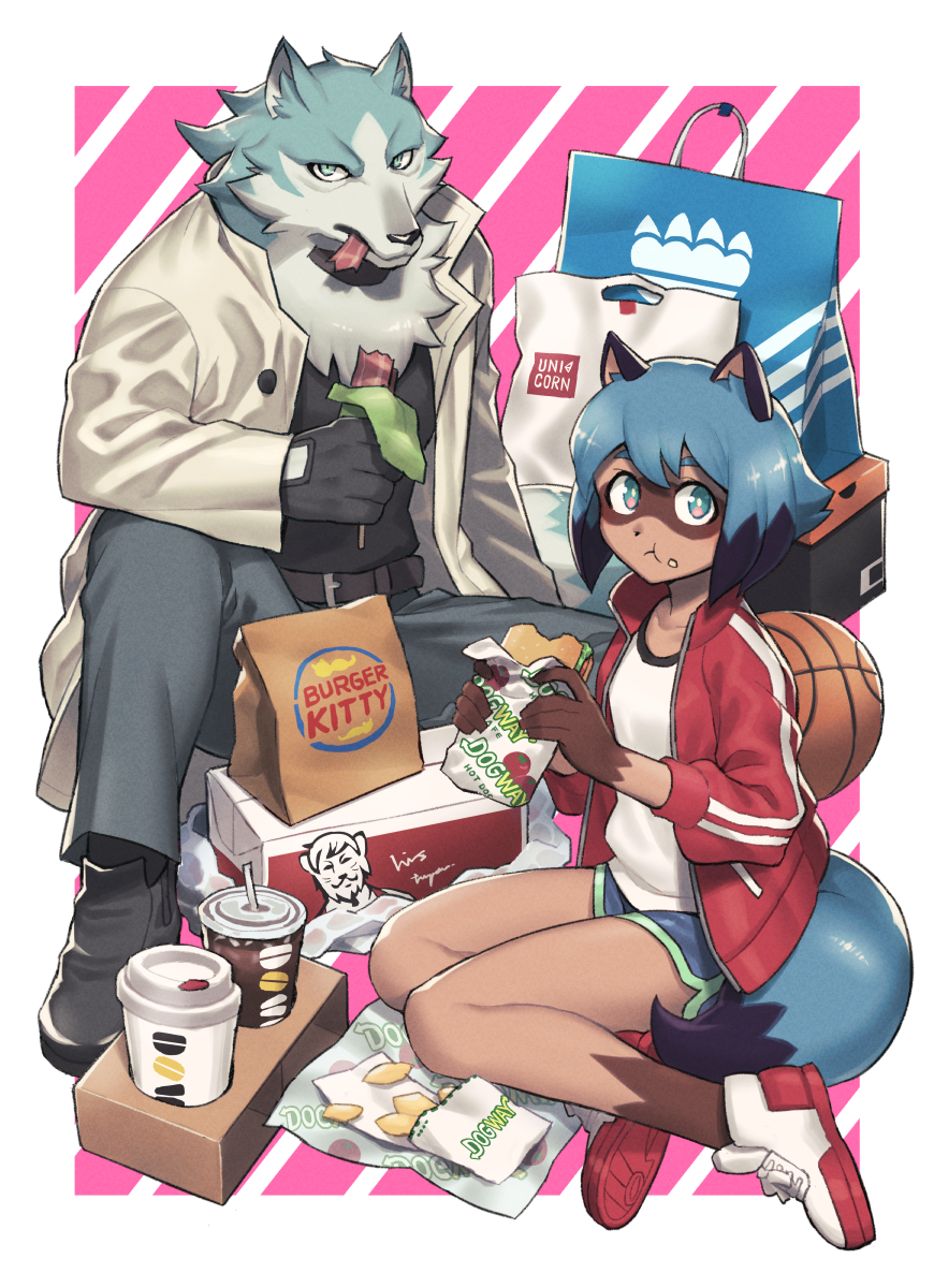 1boy, 1girl, animal_nose, ball, basketball_(object), body_fur, border, brand_new_animal