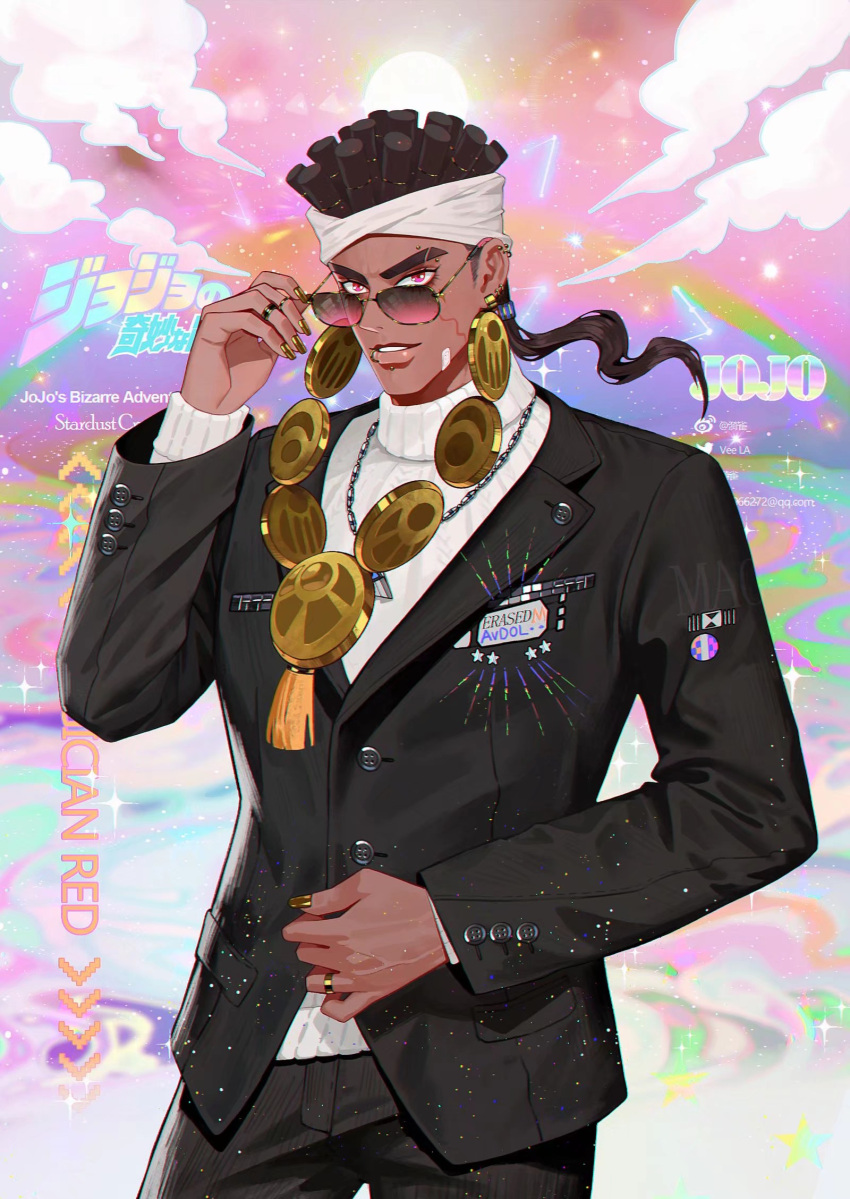 1boy, bandaid, bandaid_on_cheek, bandaid_on_face, brown_hair, chain, chain_necklace, character_name