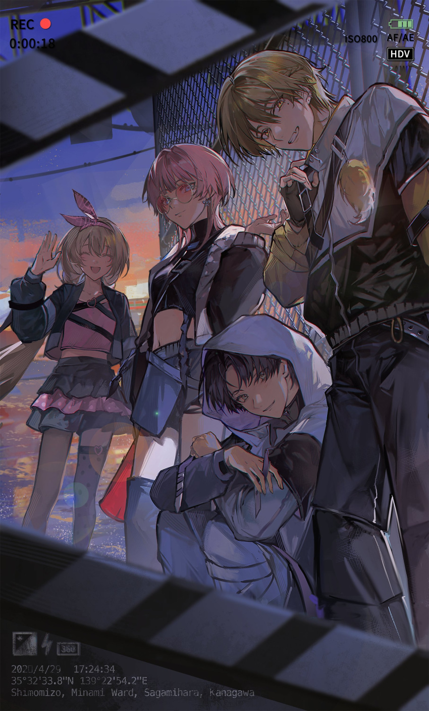 2boys, 2girls, absurdres, battery_indicator, black_hair, blonde_hair, bow_hairband, brown_hair