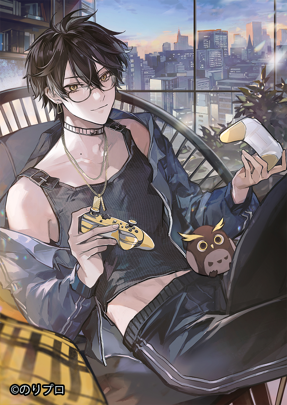 1boy, bird, black_hair, black_pants, black_tank_top, building, closed_mouth, collarbone