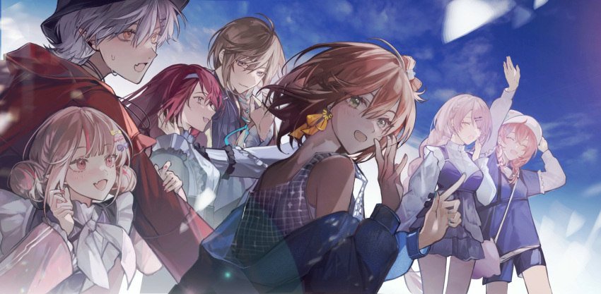 2boys, 5girls, ^_^, akabane_youko, blue_nails, blue_sky, bow-shaped_hair, brown_hair