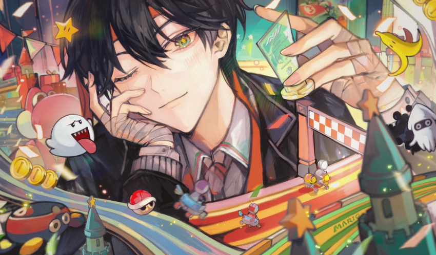 1boy, banana_peel, bandaged_hand, bandages, biddybuggy, black_jacket, blooper_(mario), boo_(mario), bunting, castle, closed_mouth, coin, collared_shirt, commentary_request, crossover, fushimi_gaku_(1st_costume), head_rest, headband, highres, jacket, looking_at_viewer, male_focus, mario_kart, nijisanji, one_eye_closed, pennant, red_headband, red_shell_(mario), red_yoshi, shirt, solo, string_of_flags, super_mario_bros., super_star_(mario), tsuta1218, upper_body, virtual_youtuber, yoshi