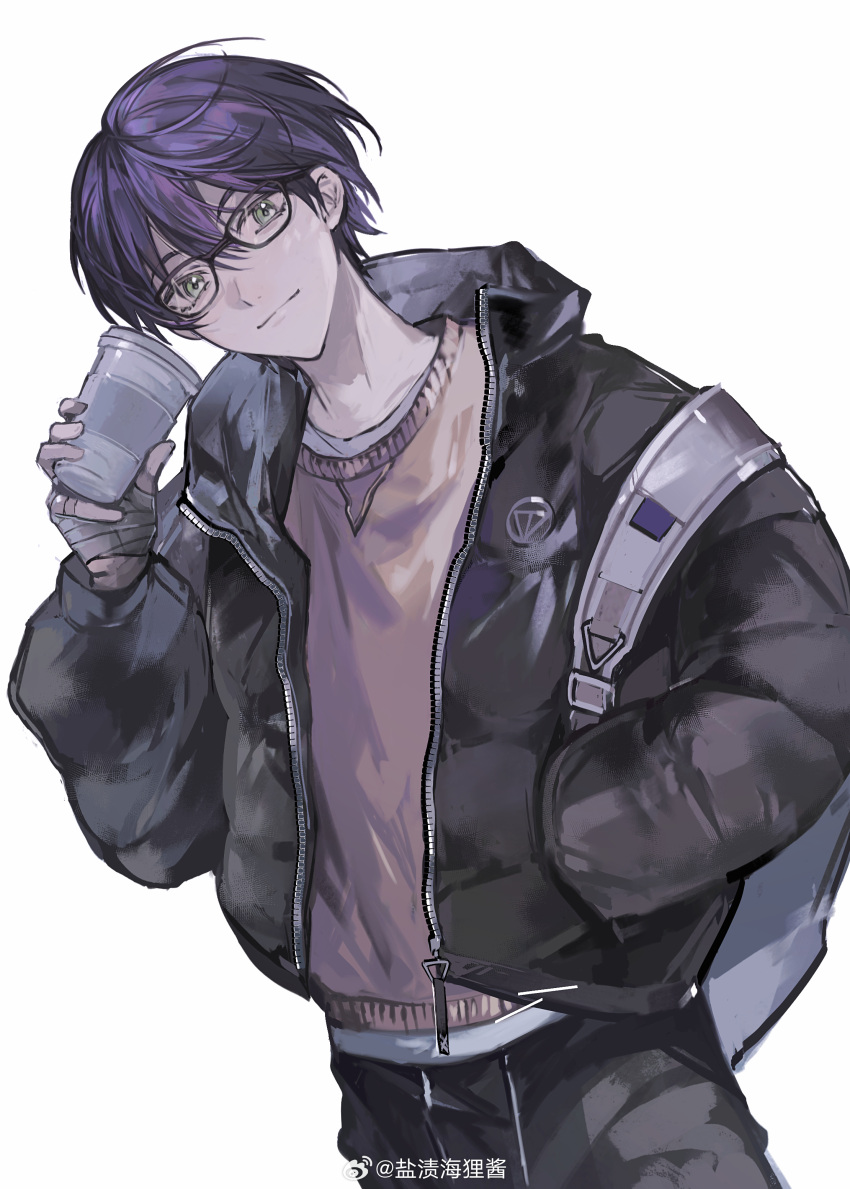 1boy, absurdres, bag, bandaged_hand, bandages, bespectacled, black-framed_eyewear, black_jacket, brown_sweater, closed_mouth, commentary_request, cowboy_shot, cup, disposable_cup, down_jacket, glasses, green_eyes, hand_in_pocket, head_tilt, highres, holding, holding_cup, jacket, kenmochi_touya, kenmochi_touya_(15th_costume), looking_at_viewer, male_focus, nijisanji, official_alternate_costume, open_clothes, open_jacket, purple_hair, short_sleeves, simple_background, solo, sweater, tsuta1218, virtual_youtuber, watermark, weibo_watermark, white_background, winter_clothes