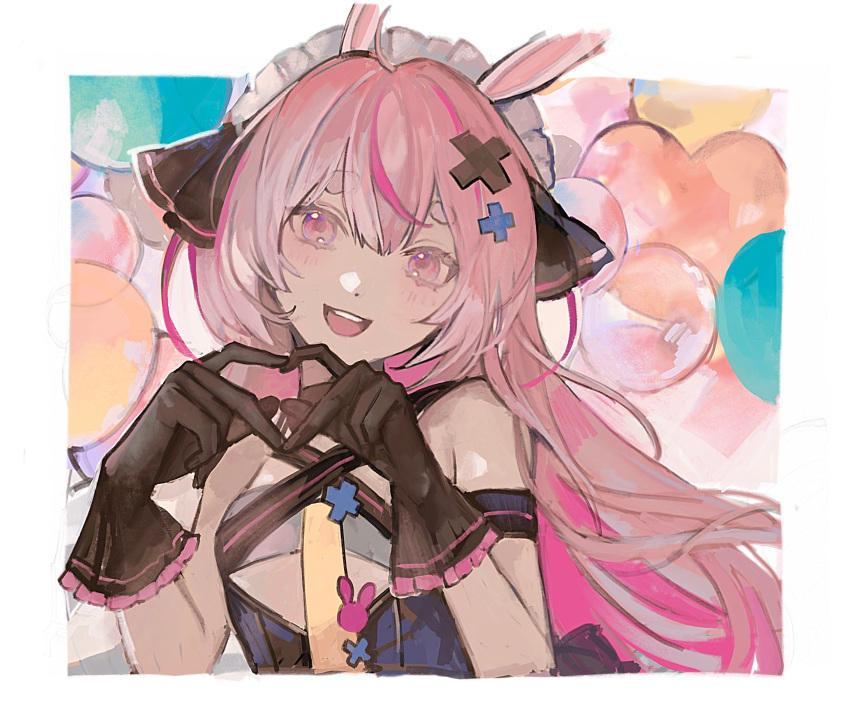 1girl, animal_ears, balloon, border, brown_gloves, commentary_request, frilled_hairband, frills