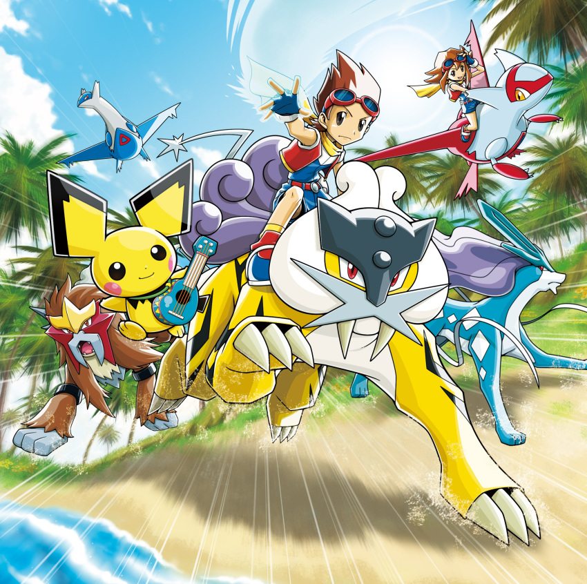 1boy, 1girl, adjusting_eyewear, artist_request, beach, ben_(pokemon), blue_gloves, blue_shorts