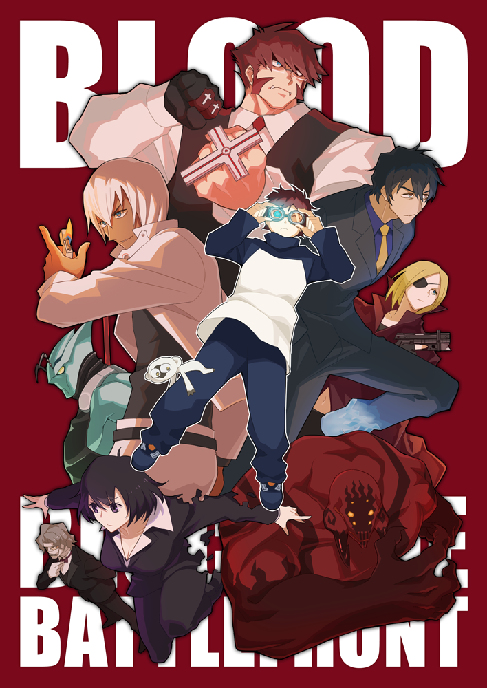 2girls, 6+boys, black_bow, black_bowtie, black_eyes, black_hair, black_shirt, blue_eyes, blue_pants, blue_shirt, bow, bowtie, chain_sumeragi, clenched_hands, collared_shirt, copyright_name, eyepatch, facial_hair, fangs, gilbert_f._altstein, grey_hair, gun, holding, holding_gun, holding_lighter, holding_weapon, jacket, k.k._(kekkai_sensen), kekkai_sensen, klaus_von_reinhertz, leonardo_watch, lighter, monkey, multiple_boys, multiple_girls, mutton_chops, necktie, pants, red_background, red_hair, shirt, sonic_speed_monkey, steven_a._starphase, weapon, white_hair, white_jacket, yellow_necktie, yow, zap_renfro, zed_o'_brien