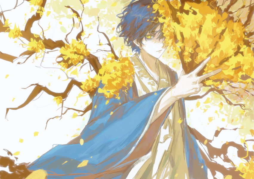 1boy, black_hair, black_robe, branch, closed_mouth, e.g.o_(project_moon), falling_petals, flower