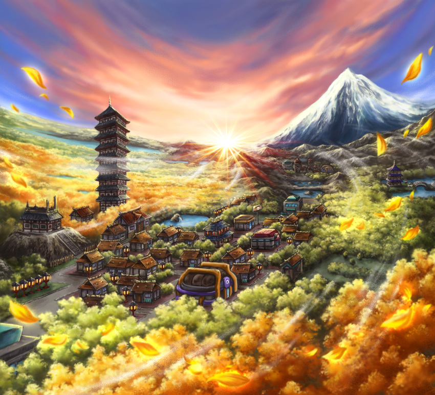absurdres, autumn, bell_tower_(pokemon), brass_tower_(pokemon), building, cityscape, door, ecruteak_city, harada_midori, highres, house, leaf, mountain, no_humans, official_art, outdoors, pokemon, pokemon_center, pokemon_gym, pokemon_hgss, pokemon_mart, road, rooftop, scenery, sky, stairs, sun, third-party_source, tower, tree, twilight, wind, window