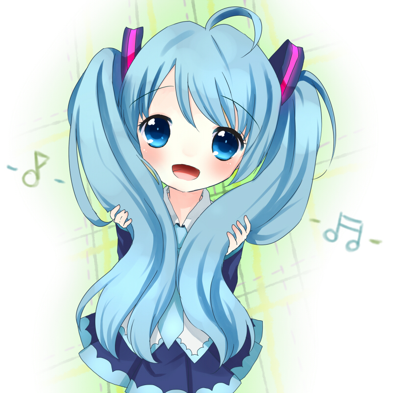 :d, blue_eyes, bunching_hair, green_hair, hatsune_miku, long_hair, musical_note, nashi_rin