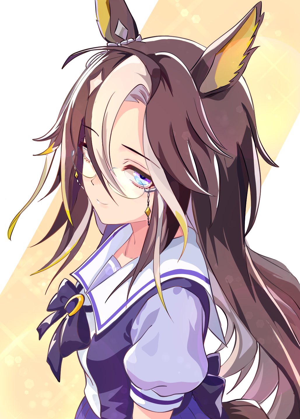1girl, ahoge, animal_ears, back_bow, blue_eyes, bow, breasts, brown_hair