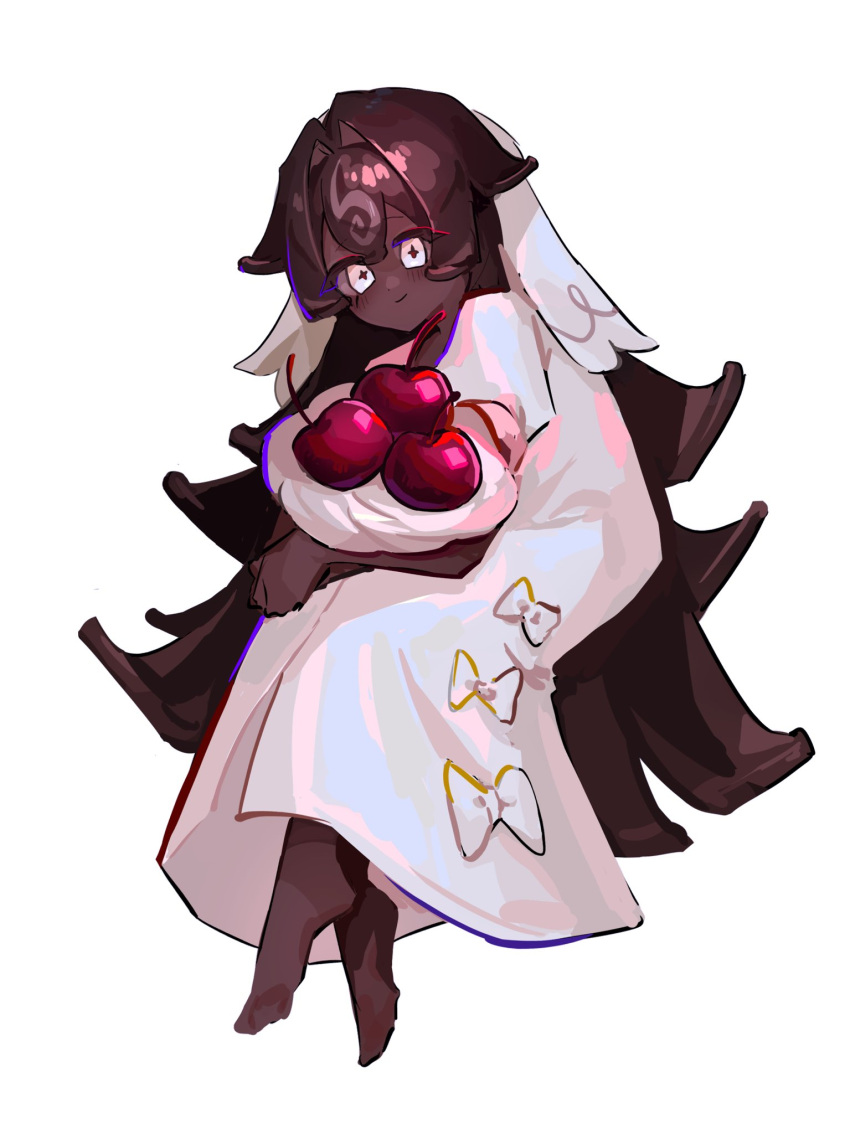 1girl, barefoot, black_forest_cookie, bouquet, bridal_veil, brown_hair, cherry, cookie_run, cookie_run:_kingdom, cross-shaped_pupils, dark-skinned_female, dark_skin, dress, food, fruit, hair_between_eyes, hair_intakes, highres, holding, long_hair, looking_at_viewer, on2_889s, puffy_short_sleeves, puffy_sleeves, short_sleeves, solo, symbol-shaped_pupils, veil, wedding_dress, white_dress, white_eyes