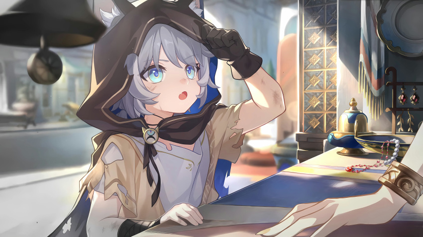 2girls, absurdres, adjusting_hood, aged_down, aglaea_(honkai:_star_rail), ancient_greek_clothes, animal_ear_fluff, animal_ears