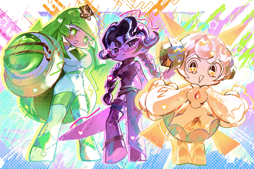 3girls, bodysuit, chibi, choco_drizzle_cookie, cookie_run, cookie_run:_kingdom, green_eyes, green_hair