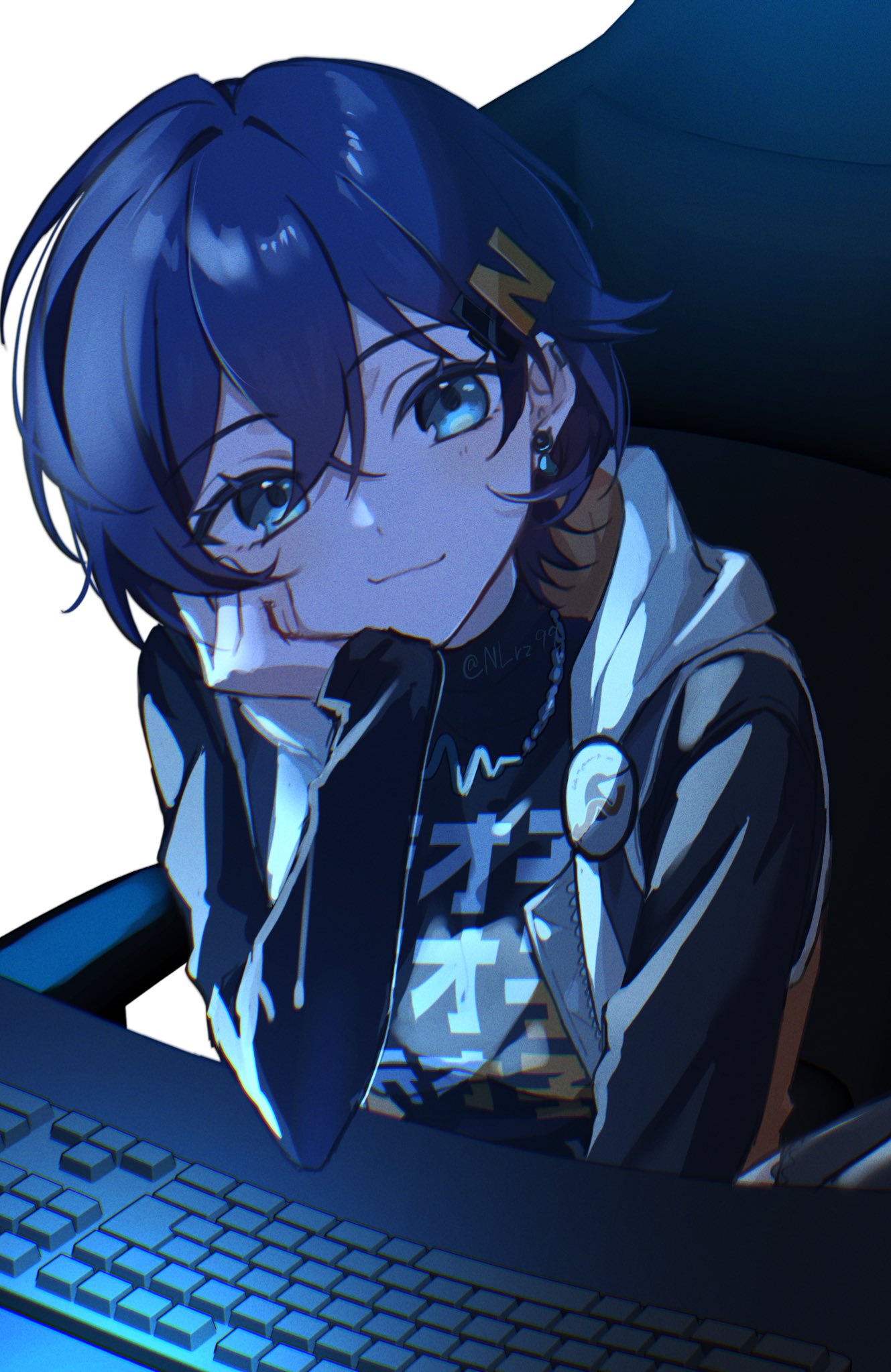 1girl, belle_(zenless_zone_zero), blue_eyes, blue_hair, chair, closed_mouth, computer_keyboard, crossed_bangs, eyelashes, hair_between_eyes, hair_ornament, hatuki_82, highres, hood, hood_down, jewelry, long_sleeves, looking_at_viewer, necklace, office_chair, on_chair, short_hair, simple_background, sitting, sleeves_past_wrists, solo, swivel_chair, twitter_username, upper_body, white_background, zenless_zone_zero